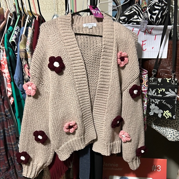 Jenni Sweaters - Jenni Beige Cardigan with Floral Accents